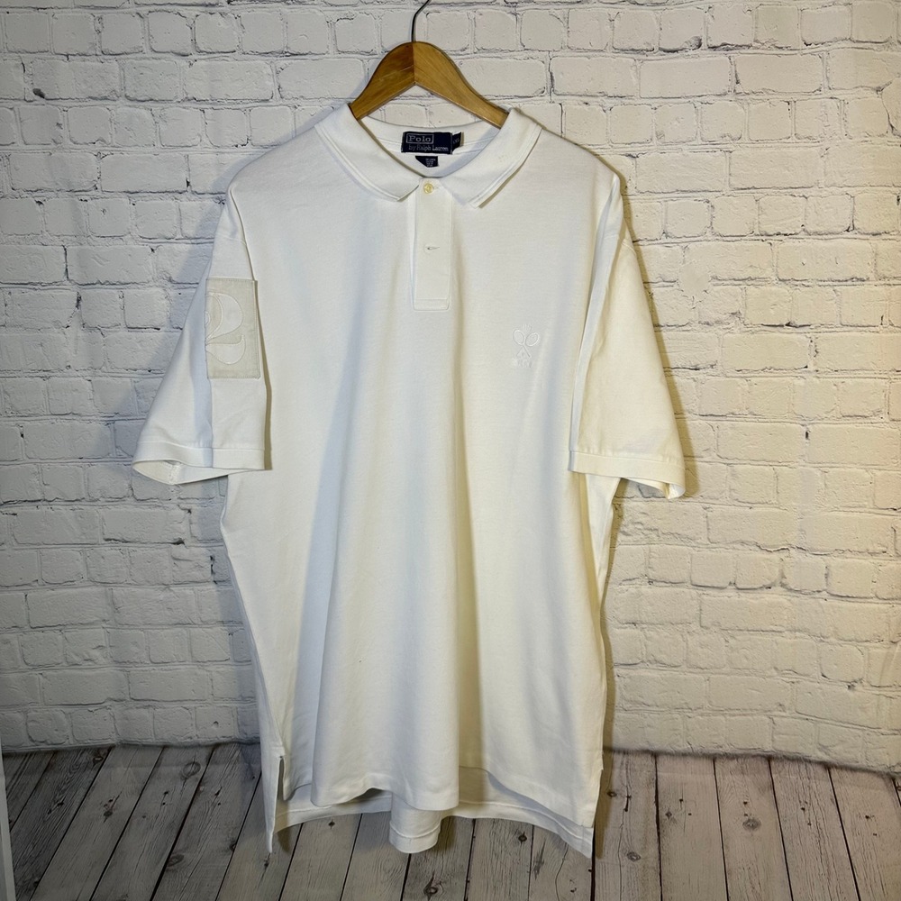 Polo Ralph Lauren Mens XXL White Tennis Crest Number‎ 2 Patch Pique Polo Shirt